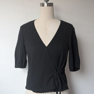 Madewell Texture & Thread Black Slub Wrap Detail V-Neck Top Size Small